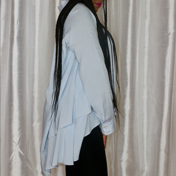 Blue Ruffled High-Low Work Blouse - Picture 2 of 7